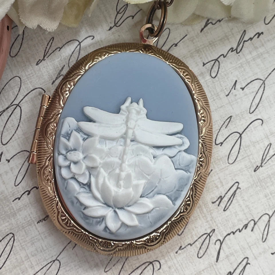 Medallón foto libélula camafeo azul boda oro rosa regalo novia damas de honor Foto 3 de 4