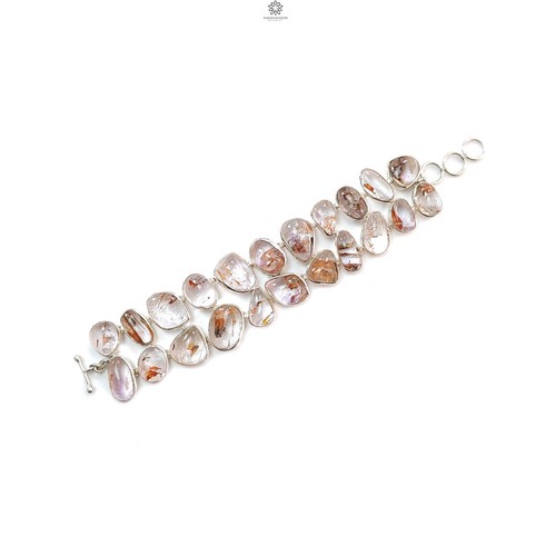 Conjunto de bisel de lujo liso amatista rutilo natural 78,94 gms pulsera de plata 925 8,50" - Imagen 2 de 10