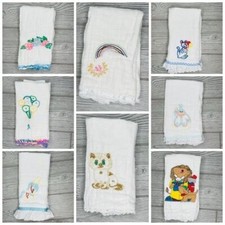 8 vintage hand made baby burp clothes / wash cloths embroidered / crochet / sewn
