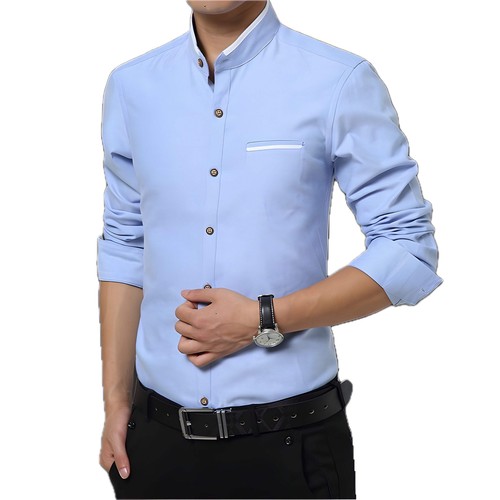 Men's Slim Fit Stand-up Collar Long Sleeve Shirt - Youth Business Casual Korean - Picture 22 of 33