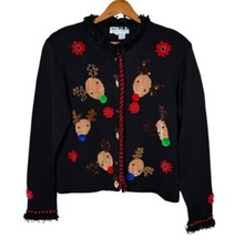Vintage Jack B Quick Christmas Cardigan Sweater Sz Large Reindeer Bells Black