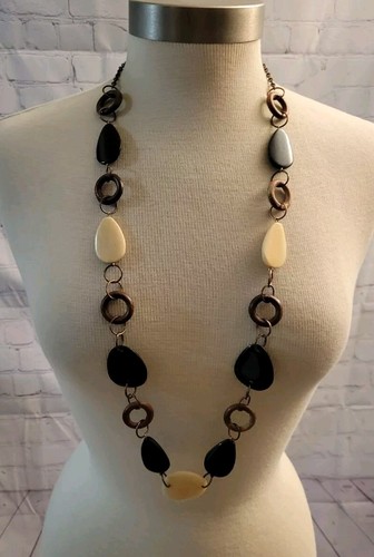 Collar Boho Cuentas Largas 36" Largo Crema Marrón Tono Dorado Cadena Sin Cierre - Imagen 1 de 5