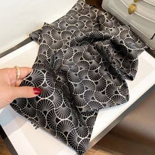 100% Mulberry Silk Rectangle Scarf Women Neckerchief Wrap Black Leaves 150*15cm