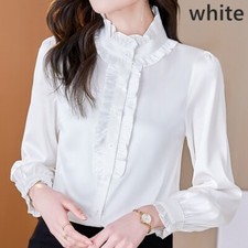 Lady Faux Silk Shirts Blouse Satin Top Long Sleeve Ruffle Collar Elegant Classic