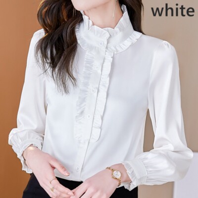 Lady Faux Silk Shirts Satin Top Long Sleeve Ruffle Collar Blouse