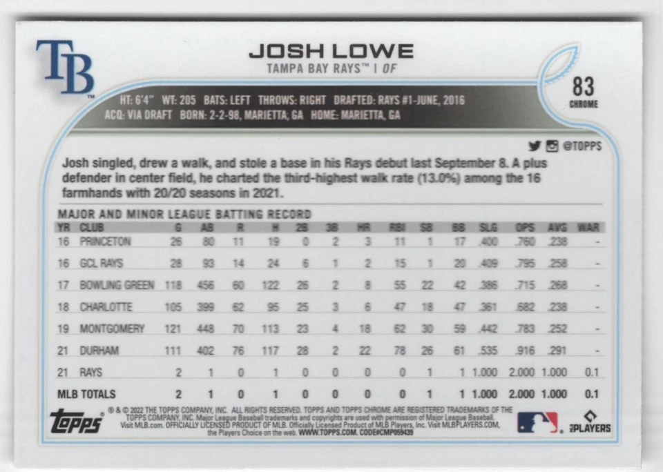 2022 Topps-Chrome ROOKIE Josh Lowe Rookie Tampa Bay Rays #83 R111 - Image 2 of 2