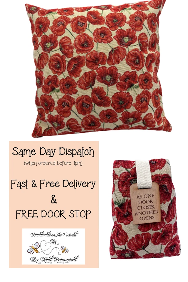 Cojín de amapolas, rojo, crema, 17x17", tapiz tejido rico en algodón, cremallera Foto 3 de 4