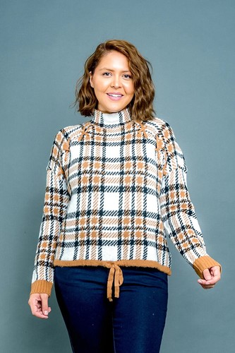 Plus Size Long Sleeve Argyle Plaid Mock Neck Sweater With Drawstring Waist 1X - 第 1/10 張圖片