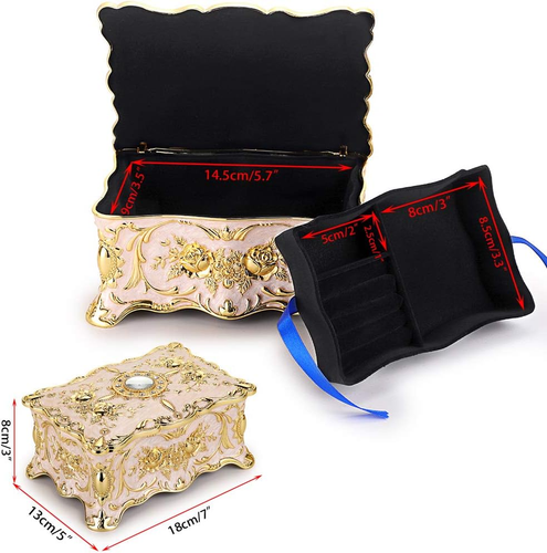 Vintage Metall Schmuckkästchen-zweilagig rechteckig Schmuck Organizer Aufbewahrungsbox - Bild 4 von 9