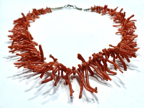 Vtg Estate Red Coral Branch Statement Necklace 21.5" Sterling Beads & Hook Clasp - Picture 2 of 8