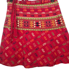 VTG 70s Indian 100 Cotton Wrap Skirt Elephant Block Print Boho Hippie Midi Red