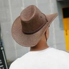 Mens Summer Bucket Cap Cowboy Fedora Hat Wide Brim Linen Straw Mesh Outdoor Hats
