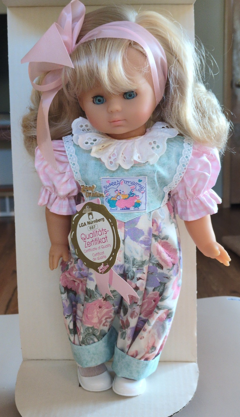 1993 German Zapf Creation Blonde Girl Doll Floral Overalls with Tags