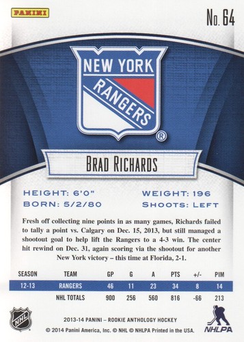 2013-14 Panini Rookie Anthology Hockey #64 Brad Richards - Picture 2 of 2