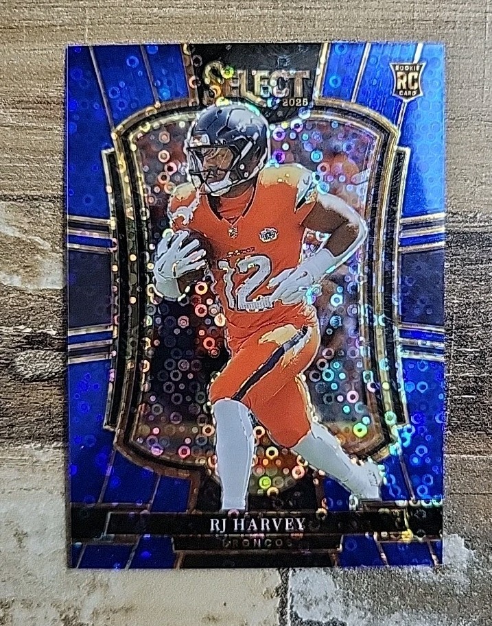 2025 Select RJ Harvey Blue Disco Prizm /25 Premier Level Rookie Denver