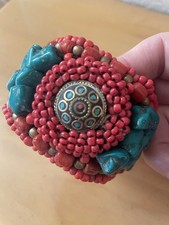 BOHO red/aqua BEAD CUFF BRACELET