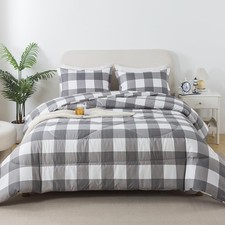 White Gray Plaid Comforter Set King, Farmhouse Grid Plaid Comforter Bedding