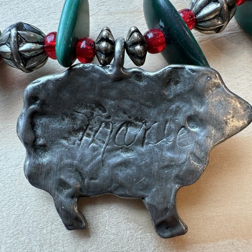VTG Marcie Mark Christmas Nativity Necklace 22" Pewter Malachite Gems Red Beads - Picture 10 of 12