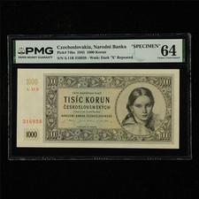 1945 Czechoslovakia National Bank 1000 Korun SPECIMEN Pick#74bs PMG 64 UNC