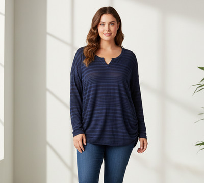 Lane Bryant 22 24 3X Blue Top Tee Womens Striped Ruched Casual Athleisure