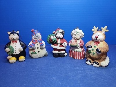 Lot of 5 Resin Cat Ornaments Dressed Santa, Mrs. C, Snowkitty, Reindeer, Tuxedo