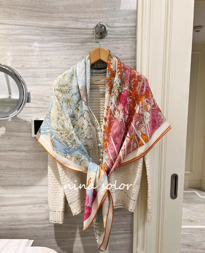 70% Cashmere 30% Silk Wrap Scarf tropical rain forest Print Shawl 130X130cm new