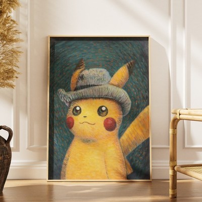 Pikachu Grey Felt Hat Van Gogh Style Pokemon Poster Wall Art Print Impressionist