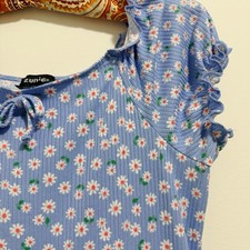 Y2K Daisy Print Flare Skirt Mini Dress With Puffed Sleeves Girls L (Women’s S?)