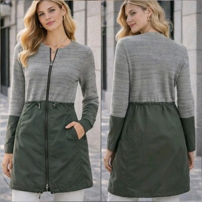 NIC+ZOE Green Zip Front Tweed Nylon Longline Anorak Utility Jacket SZ Medium