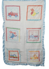 Handmade Baby Blanket Quilted White Blue Satin Trim Helicopter Fire Truck Pickup