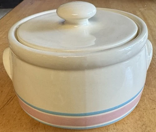 1970's Pink Blue Stripe 8" Wide McCoy Bean Crock Pot Covered Casserole #1421 USA