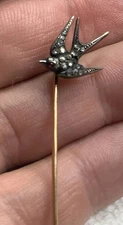 Antique Victorian Era 10k Gold Bird Swallow Stick Pin Diamonds Studded Body Ruby