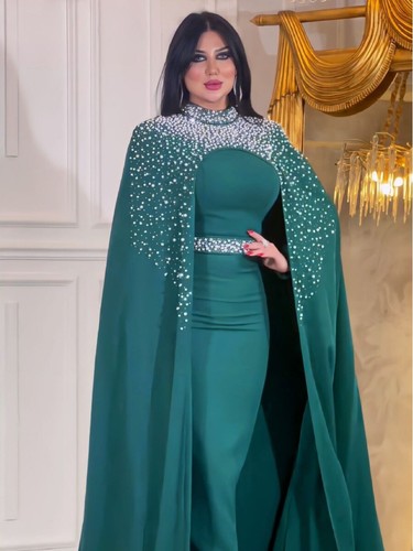 Rhinestone Maxi Dress Women Evening Party Bodycon Gown Cape Islamic Kaftan Arab - Picture 16 of 22
