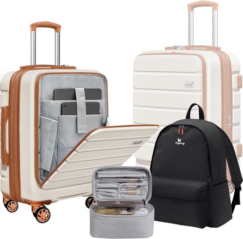 Explorer Carry-On Set: 20-Inch Suitcase, TSA Locks & Leather Makeup Bag - White - Picture 3 of 9