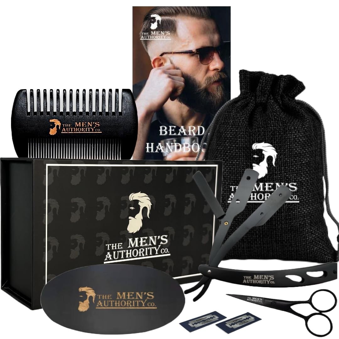 Beard Grooming Kit for Men - Brush, Scissors, Comb & Straight Edge Razor, blades