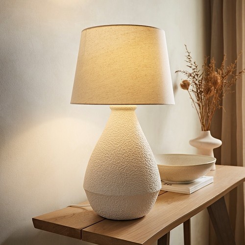 Helena Table Lamp Large Cream Speckled Ceramic Natural Tapered Shade Living Room - Picture 8 of 9