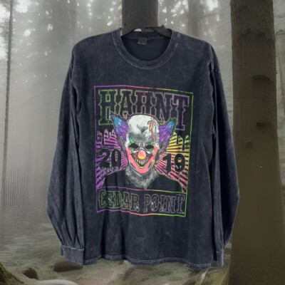 Cedar Point HalloWeekends Clown Face Black T Shirt SZ Large Long Sleeve 2019