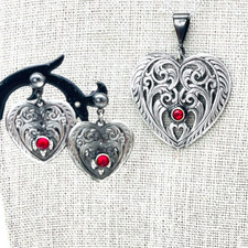 Heart Jewelry Set Silver Tone Filigree Red Rhinestone Necklace Earrings