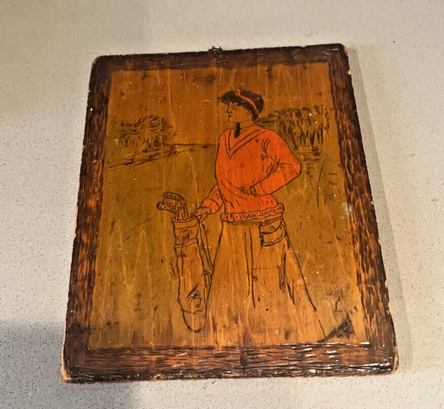 复古高尔夫主题艺术家 Pyrography 木蚀刻壁挂;Christy Girl 高尔夫球手 — 第 2/4 张图片