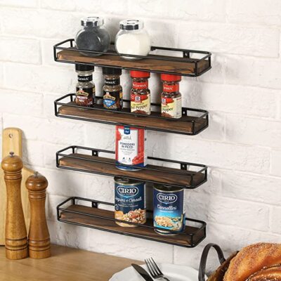 Wall Mounted Burnt Wood and Matte Black Metal Spice Rack Shelves, Set of 