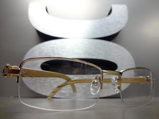 Mens CLASSY Style Clear Lens EYE GLASSES Gold & Wood Wooden Effect Fashion Frame