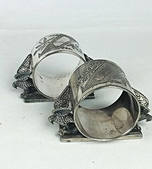 2 soportes de anillo servilletero pájaro figurativo placa de plata antiguo victoriano Meriden  Foto 3 de 4