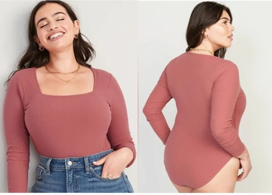 Old Navy Ribbed Bodysuit Size XXL Square Neck Dusty Red Long