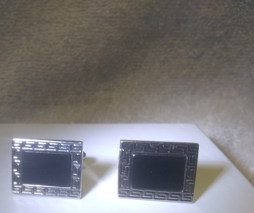Black Cufflinks Rectangle Stone Silver Engraved F… - image 3