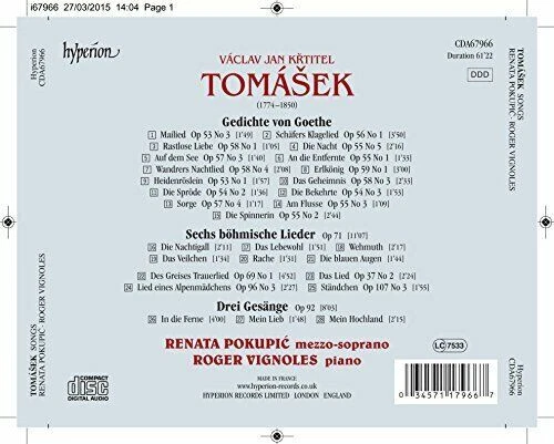 Tomasek - Songs - Renata Pokupic (mezzo soprano), Roger Vignoles (piano) - Picture 2 of 2
