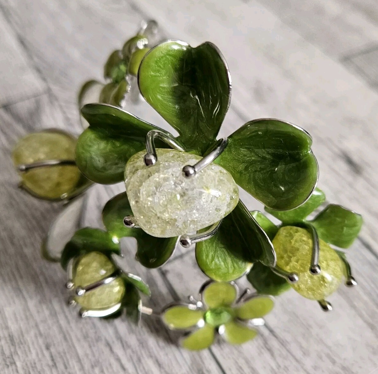 Green Flower Statement Bracelet Large Elamel Flow… - image 3