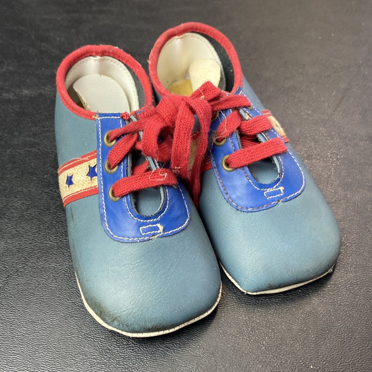 VINTAGE BABY SHOES, Infant SHOES Red Blue White Leather Size