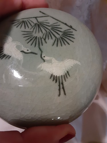 Korean Style Celadon Crane Style Tea Cup w Lid Signed - Bild 4 von 24