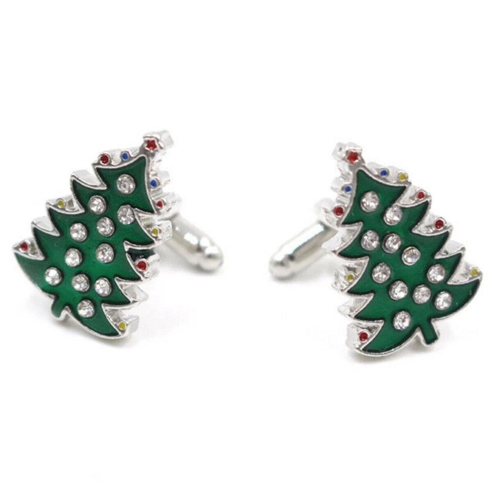 Crystal Enamel Christmas Tree Cufflinks Mens Cuff Links Jewelry Wedding Party CX - Image 2 of 4