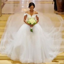 Luxury White Off-Shoulder Lace Tulle Wedding Dress Cathedral Train Bridal Gown